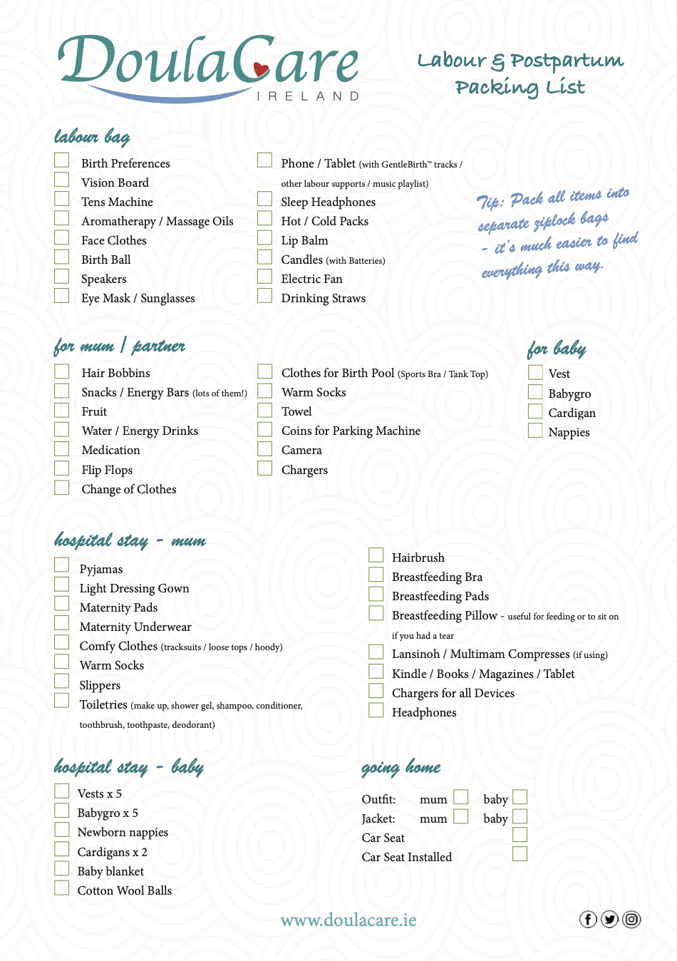 Free packing for labour checklist download - DoulaCare Academy Ireland